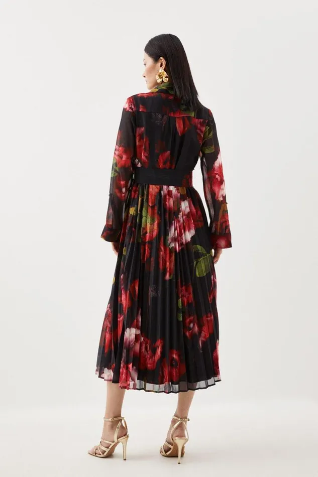 Pleated Georgette Woven Midi Dress Floral Women Karen Millen Dresses