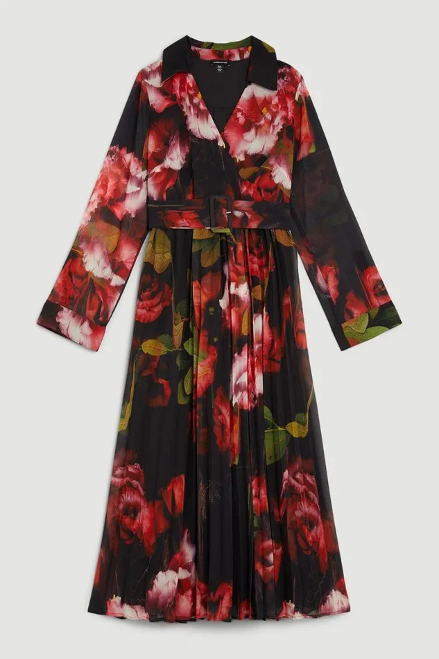 Pleated Georgette Woven Midi Dress Floral Women Karen Millen Dresses