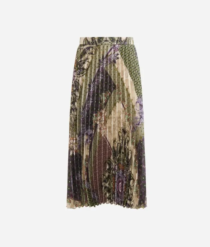 Pleated Twill Skirt With Geo Patchwork Foulard Print Green Woman Alviero Martini Skirts and Trousers