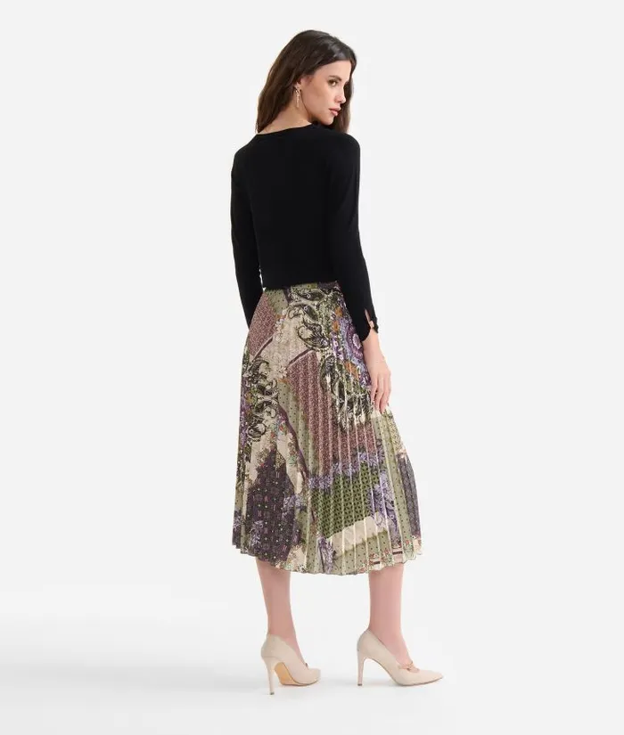 Pleated Twill Skirt With Geo Patchwork Foulard Print Green Woman Alviero Martini Skirts and Trousers