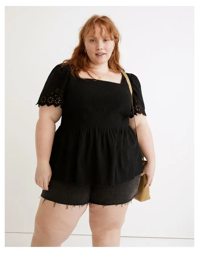 Plus Eyelet Sleeve Kate Smocked Top True Black Women Madewell Tops and Shirts