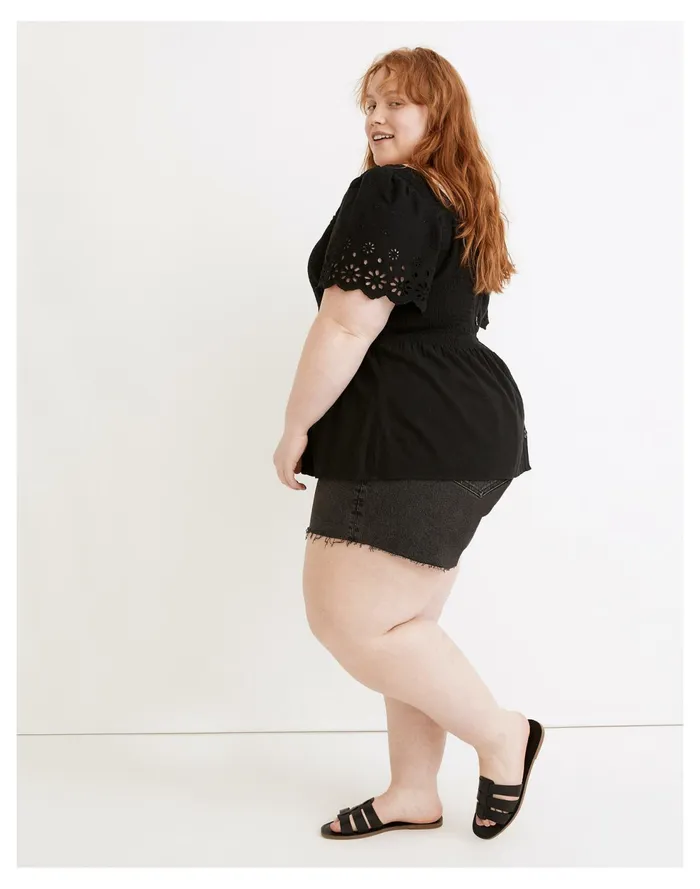 Plus Eyelet Sleeve Kate Smocked Top True Black Women Madewell Tops and Shirts