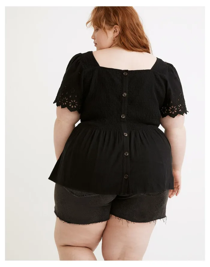 Plus Eyelet Sleeve Kate Smocked Top True Black Women Madewell Tops and Shirts