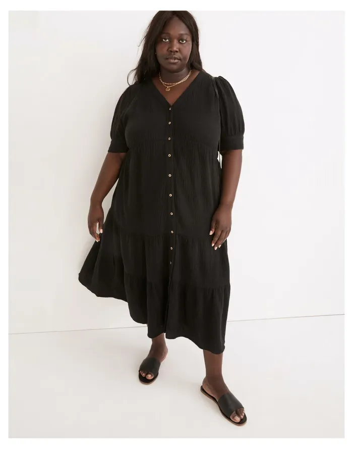 Plus Lightspun Button Front Tiered Midi Dress True Black Women Madewell Dresses