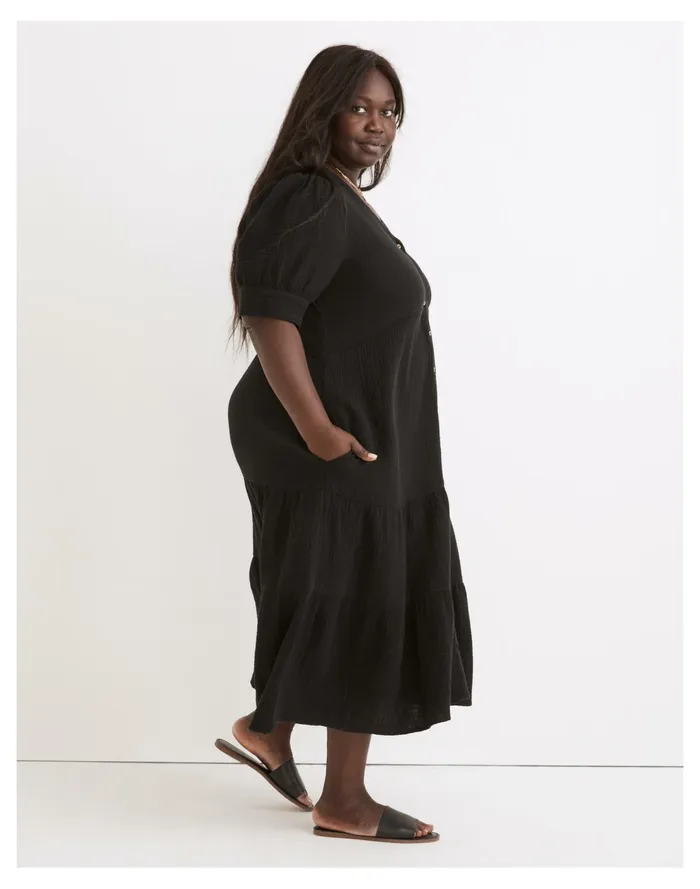 Plus Lightspun Button Front Tiered Midi Dress True Black Women Madewell Dresses Plus Lightspun Button Front Tiered Midi Dress True Black Women Madewell Dresses