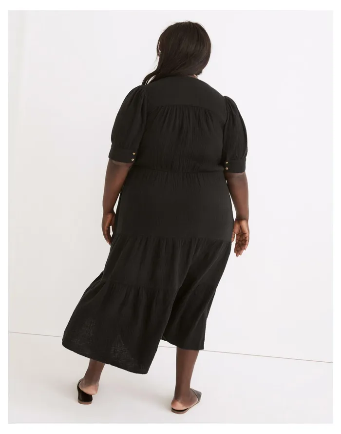 Plus Lightspun Button Front Tiered Midi Dress True Black Women Madewell Dresses Plus Lightspun Button Front Tiered Midi Dress True Black Women Madewell Dresses
