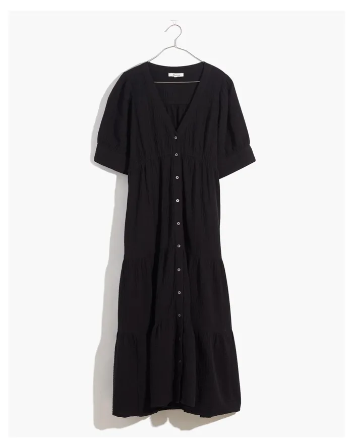 Plus Lightspun Button Front Tiered Midi Dress True Black Women Madewell Dresses Plus Lightspun Button Front Tiered Midi Dress True Black Women Madewell Dresses