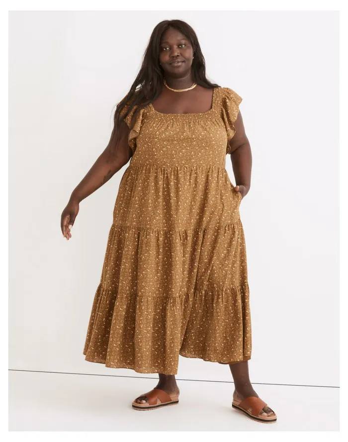Plus Ruffle Sleeve Tiered Midi Dress In Daisy Stitch Weathered Olive Women Madewell Dresses