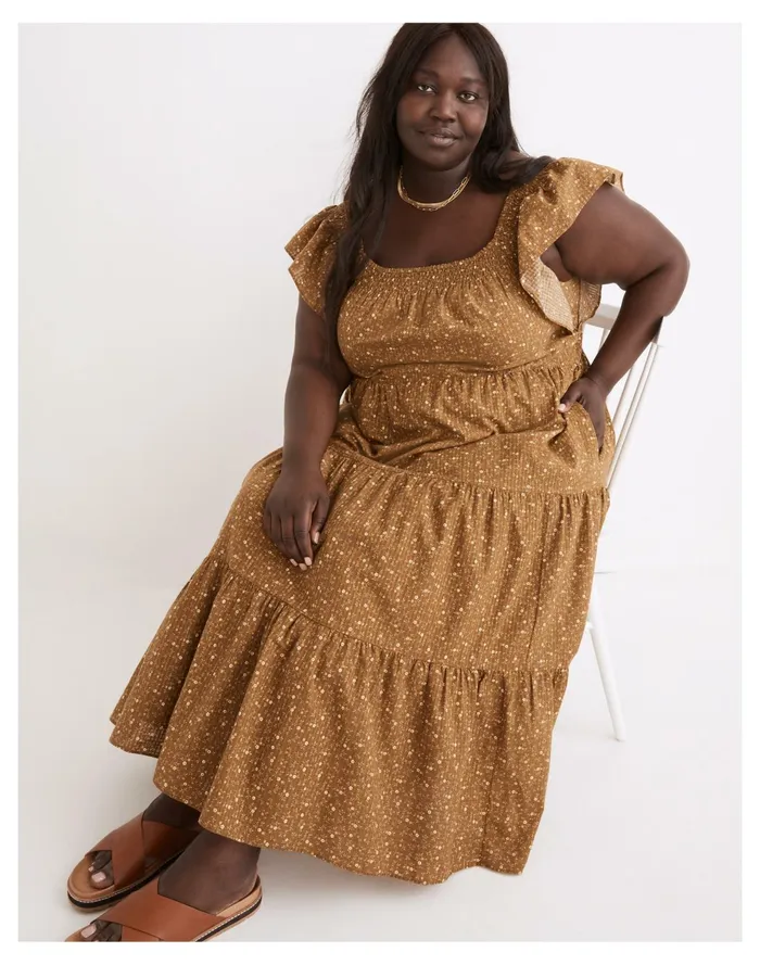 Plus Ruffle Sleeve Tiered Midi Dress In Daisy Stitch Weathered Olive Women Madewell Dresses