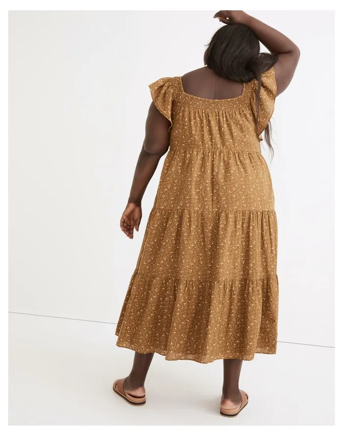 Plus Ruffle Sleeve Tiered Midi Dress In Daisy Stitch Weathered Olive Women Madewell Dresses