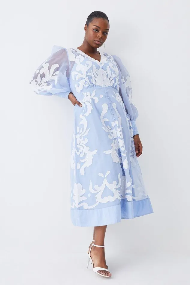 Plus Size Applique Organdie Buttoned Woven Maxi Dress Blue Women Karen Millen Dresses