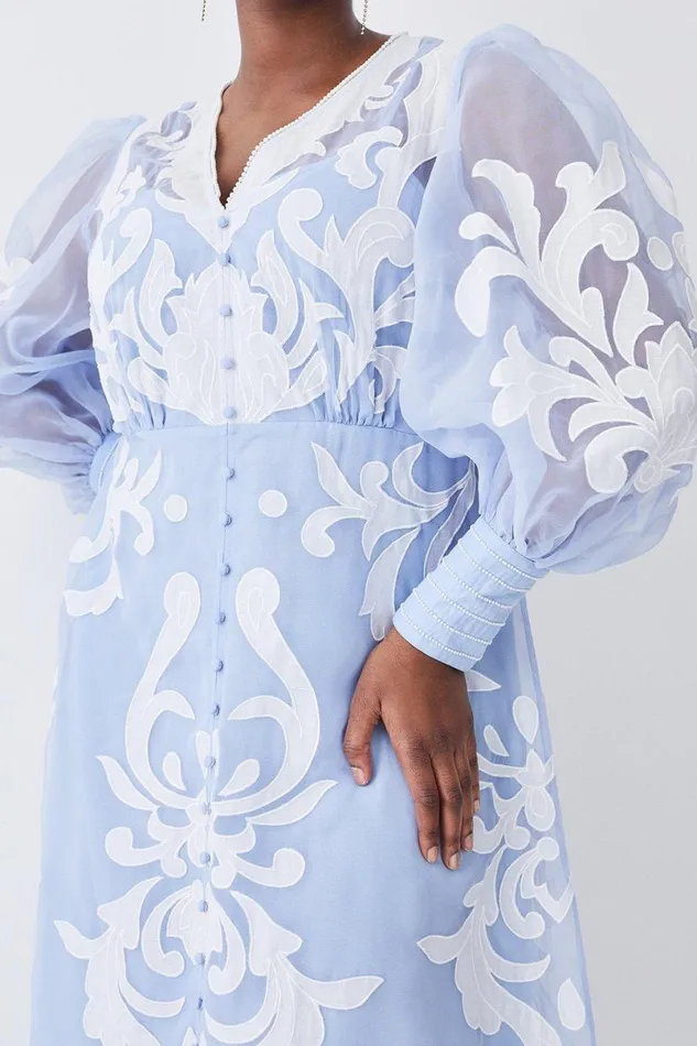 Plus Size Applique Organdie Buttoned Woven Maxi Dress Blue Women Karen Millen Dresses