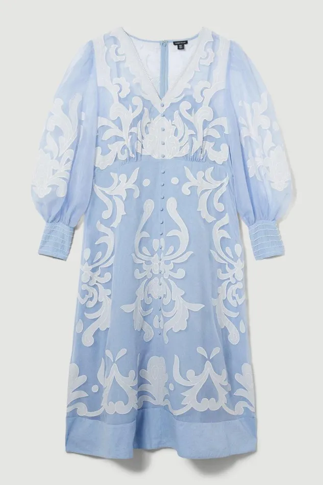 Plus Size Applique Organdie Buttoned Woven Maxi Dress Blue Women Karen Millen Dresses