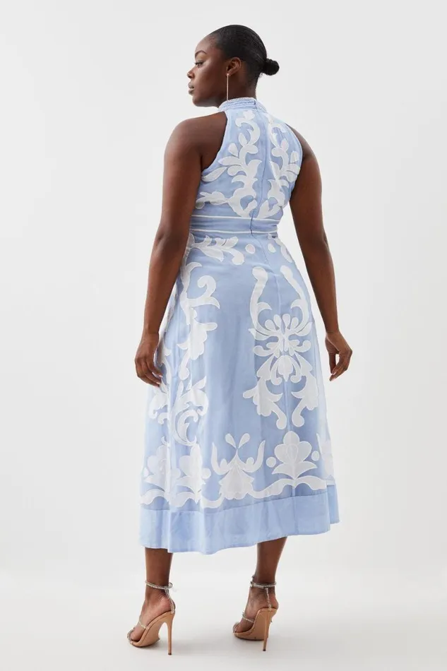 Plus Size Applique Organdie Midi Woven Dress Blue Women Karen Millen Dresses