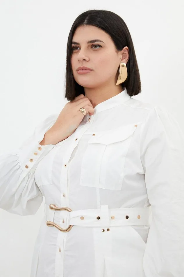 Plus Size Cotton Sateen Button Detail Woven Maxi Shirt Dress White Women Karen Millen Dresses