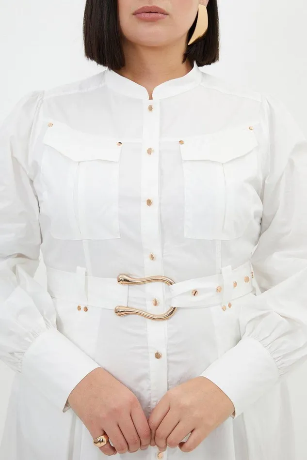 Plus Size Cotton Sateen Button Detail Woven Maxi Shirt Dress White Women Karen Millen Dresses