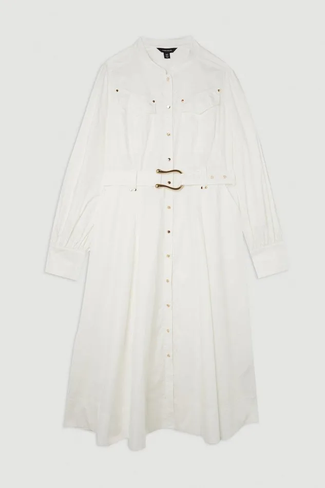 Plus Size Cotton Sateen Button Detail Woven Maxi Shirt Dress White Women Karen Millen Dresses