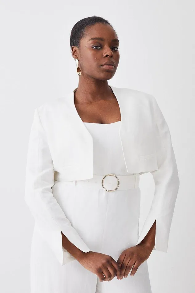 Plus Size Linen Edge To Edge Cropped Jacket Women Karen Millen Coats and Jackets
