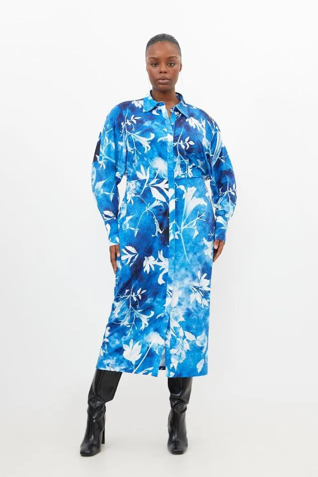 Plus Size Pressed Floral Jersey Crepe Maxi Shirt Dress Blue Women Karen Millen Dresses