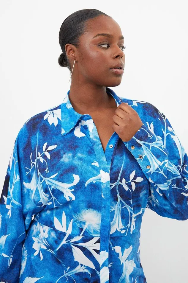 Plus Size Pressed Floral Jersey Crepe Maxi Shirt Dress Blue Women Karen Millen Dresses