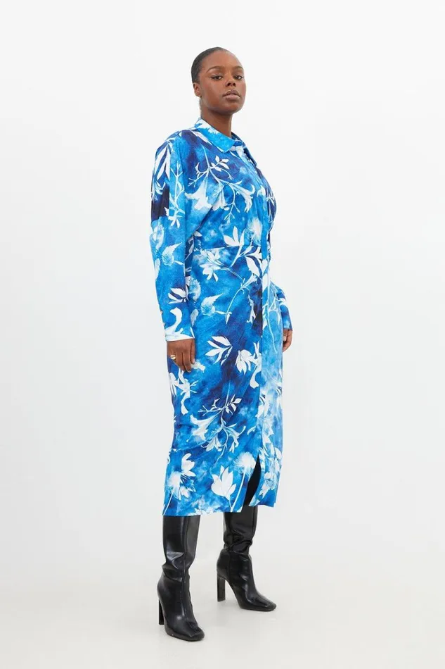 Plus Size Pressed Floral Jersey Crepe Maxi Shirt Dress Blue Women Karen Millen Dresses