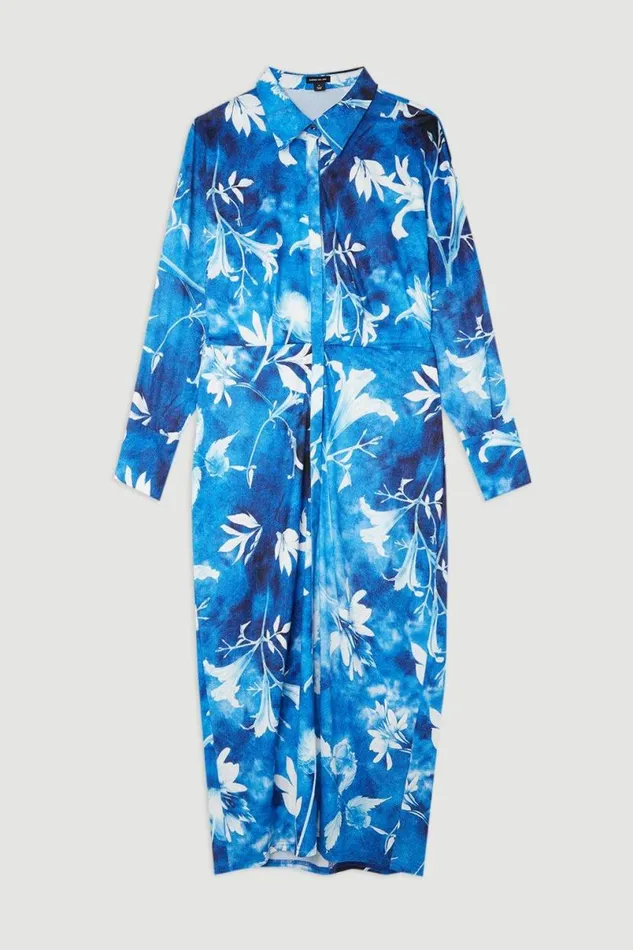Plus Size Pressed Floral Jersey Crepe Maxi Shirt Dress Blue Women Karen Millen Dresses