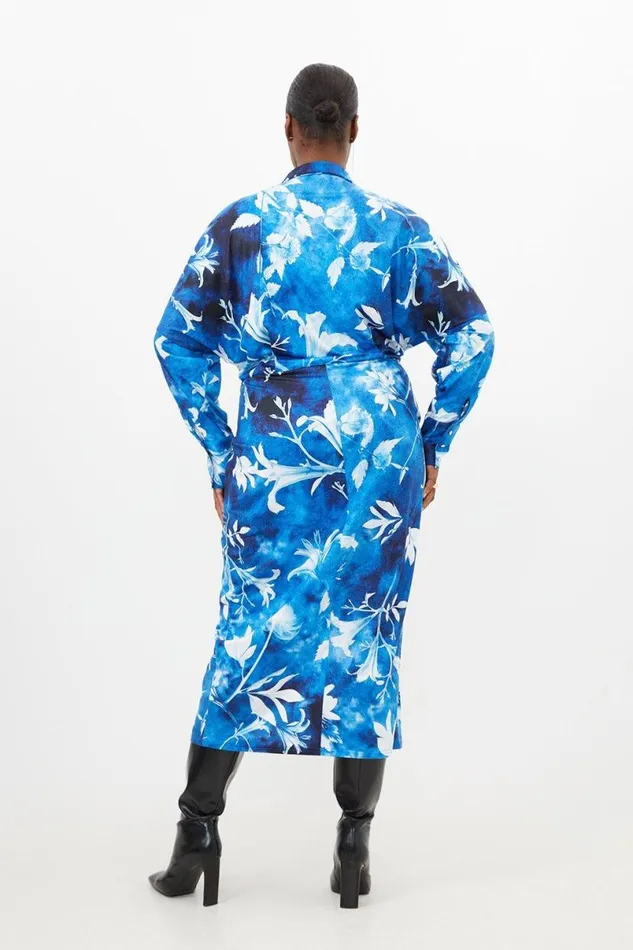 Plus Size Pressed Floral Jersey Crepe Maxi Shirt Dress Blue Women Karen Millen Dresses