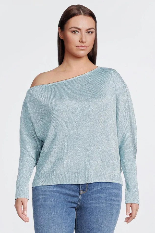 Plus Size Viscose Blend Metallic Sparkle Knit Drop Shoulder Top Pale Blue Women Karen Millen Tops