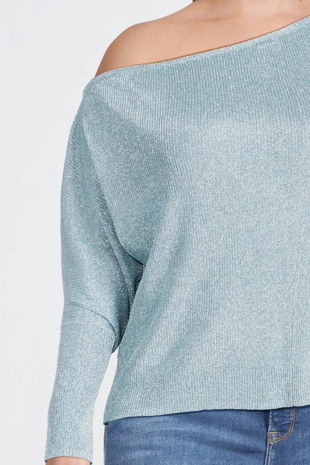 Plus Size Viscose Blend Metallic Sparkle Knit Drop Shoulder Top Pale Blue Women Karen Millen Tops