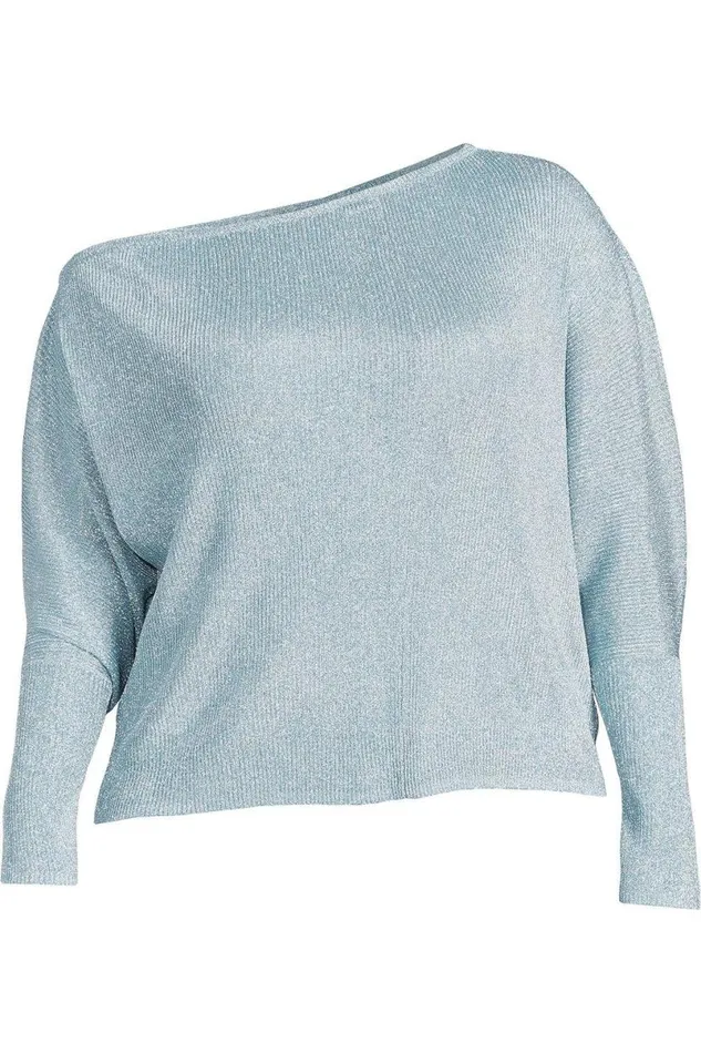 Plus Size Viscose Blend Metallic Sparkle Knit Drop Shoulder Top Pale Blue Women Karen Millen Tops