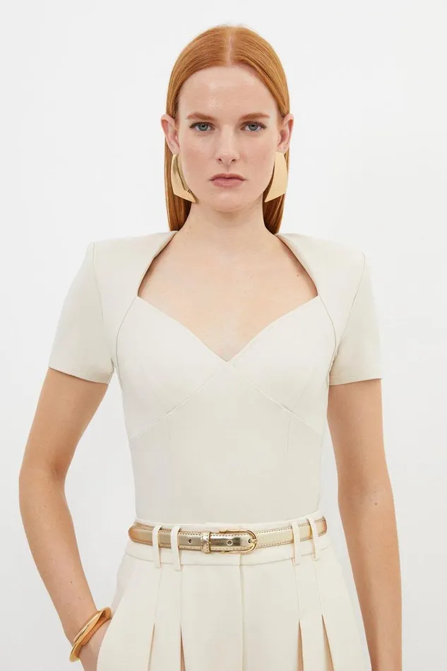 Ponte Short Sleeve Bodysuit Cream Women Karen Millen Tops