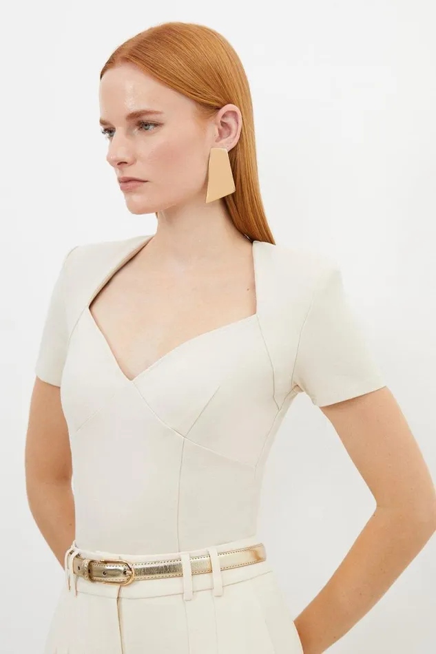 Ponte Short Sleeve Bodysuit Cream Women Karen Millen Tops