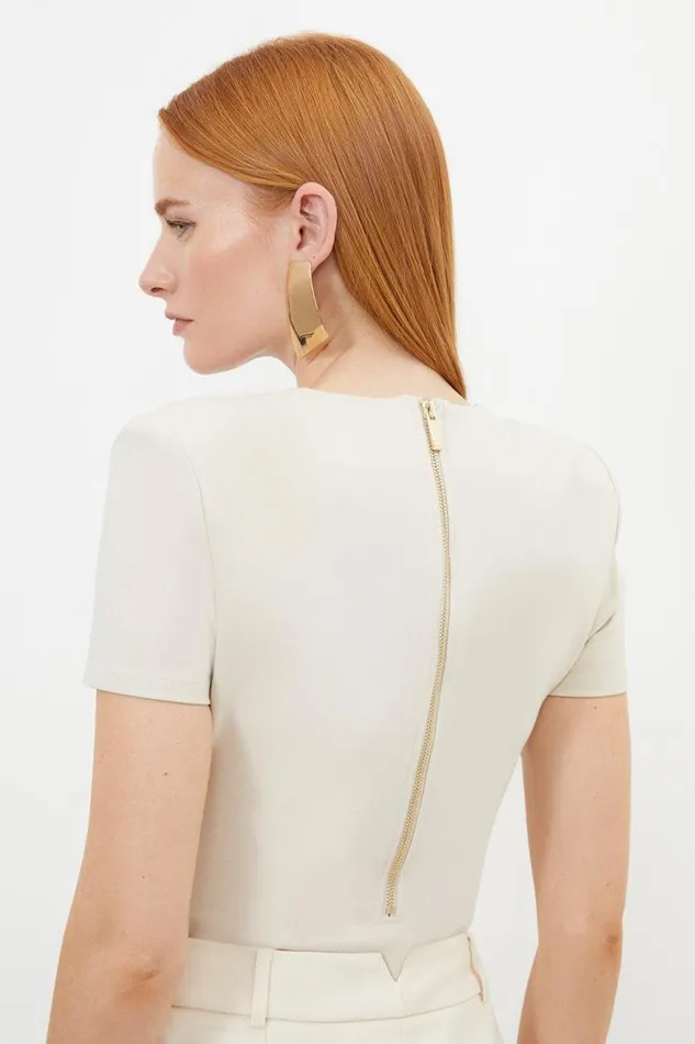 Ponte Short Sleeve Bodysuit Cream Women Karen Millen Tops