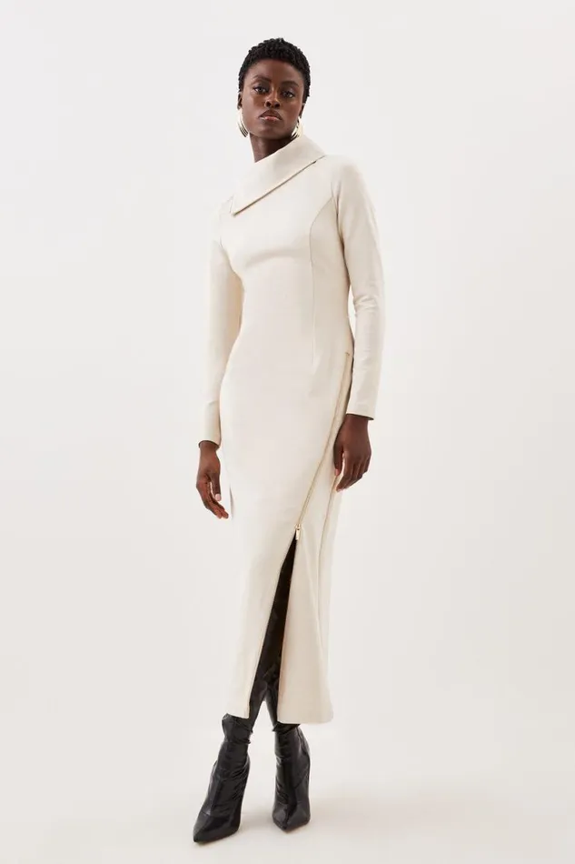 Ponte Zip Detail Midi Dress Cream Women Karen Millen Dresses