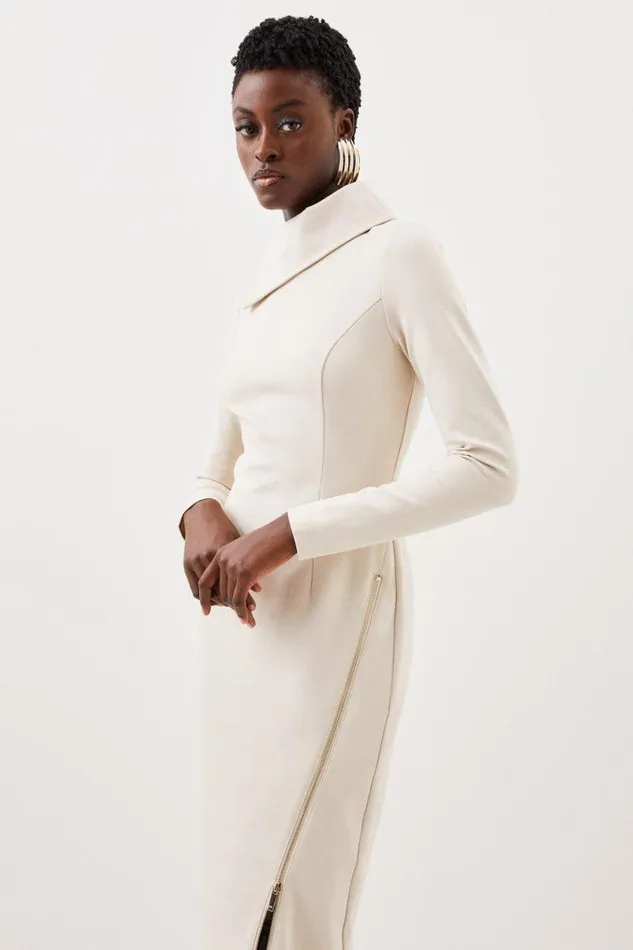 Ponte Zip Detail Midi Dress Cream Women Karen Millen Dresses