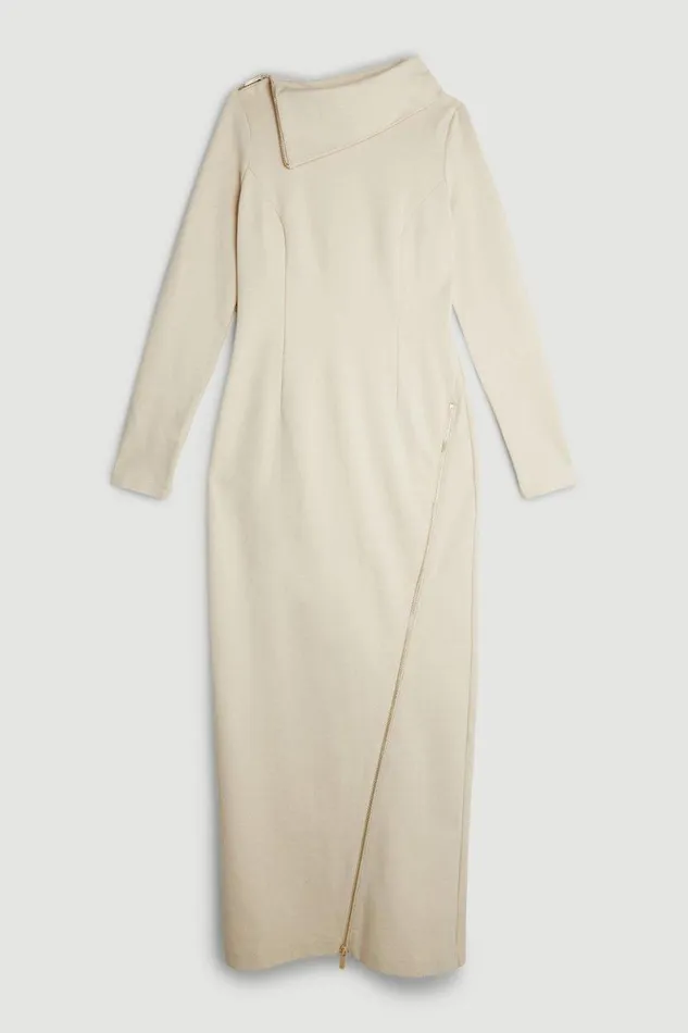 Ponte Zip Detail Midi Dress Cream Women Karen Millen Dresses