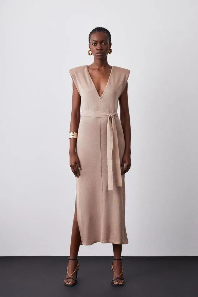 Power Shoulder V Neck Slinky Knit Belted Dress Stone Women Karen Millen Dresses