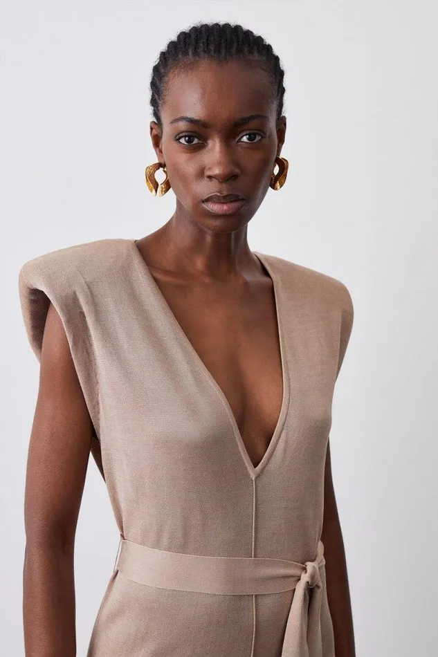 Power Shoulder V Neck Slinky Knit Belted Dress Stone Women Karen Millen Dresses