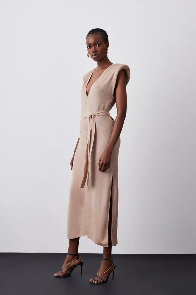 Power Shoulder V Neck Slinky Knit Belted Dress Stone Women Karen Millen Dresses