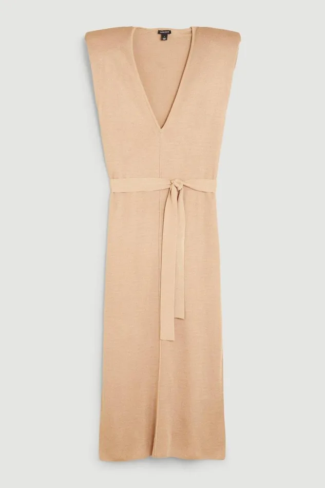 Power Shoulder V Neck Slinky Knit Belted Dress Stone Women Karen Millen Dresses