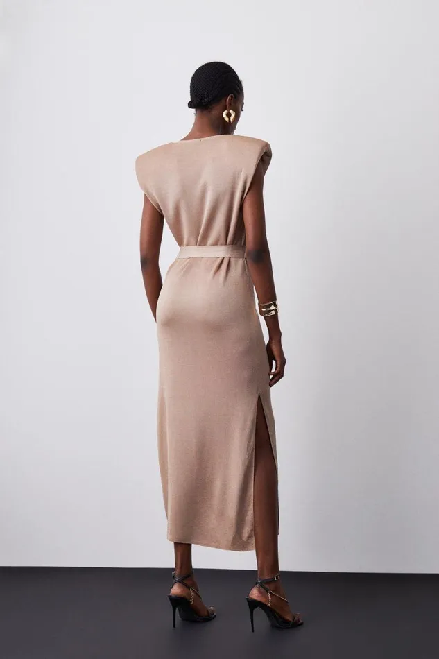 Power Shoulder V Neck Slinky Knit Belted Dress Stone Women Karen Millen Dresses