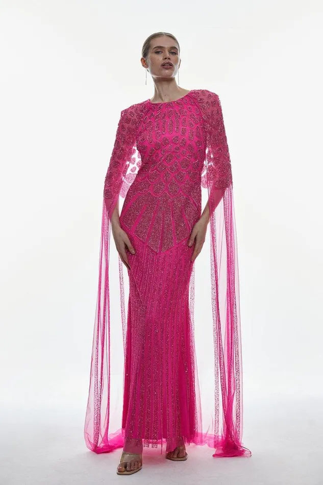 Premium Embellished Caped Maxi Dress Hot Pink Women Karen Millen Dresses