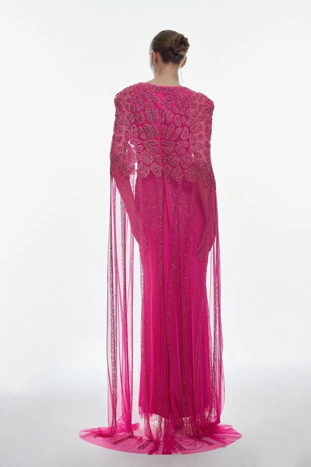 Premium Embellished Caped Maxi Dress Hot Pink Women Karen Millen Dresses