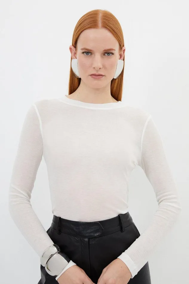 Premium Jersey Wool Blend Top Ivory Women Karen Millen Tops