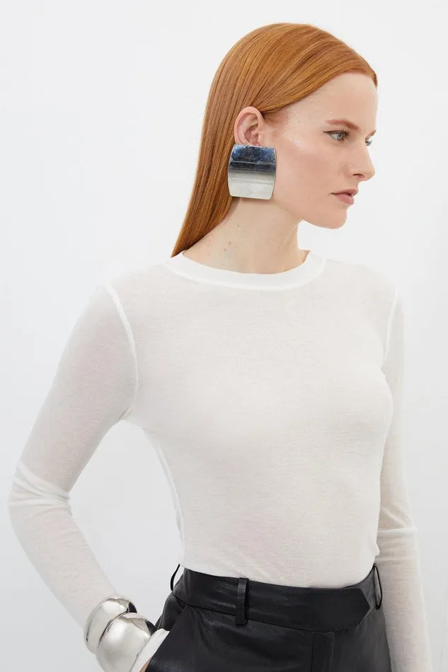 Premium Jersey Wool Blend Top Ivory Women Karen Millen Tops