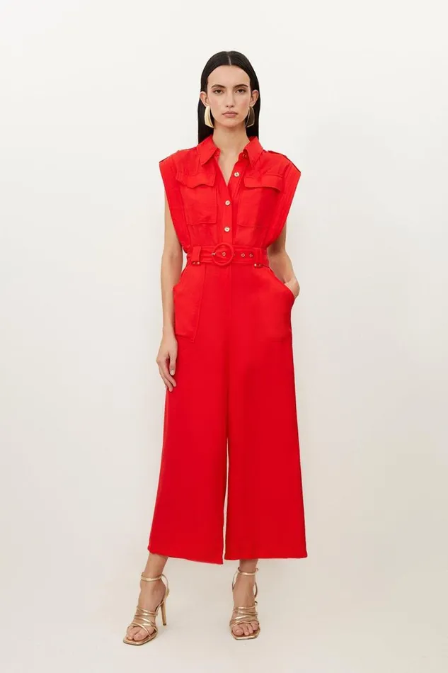 Premium Linen Viscose Topstitch Detail Utility Belted Woven Jumpsuit Red Women Karen Millen Jumpsuits and Playsuits Premium Linen Viscose Topstitch Detail Utility Belted Woven Jumpsuit Red Women Karen Millen Jumpsuits and Playsuits