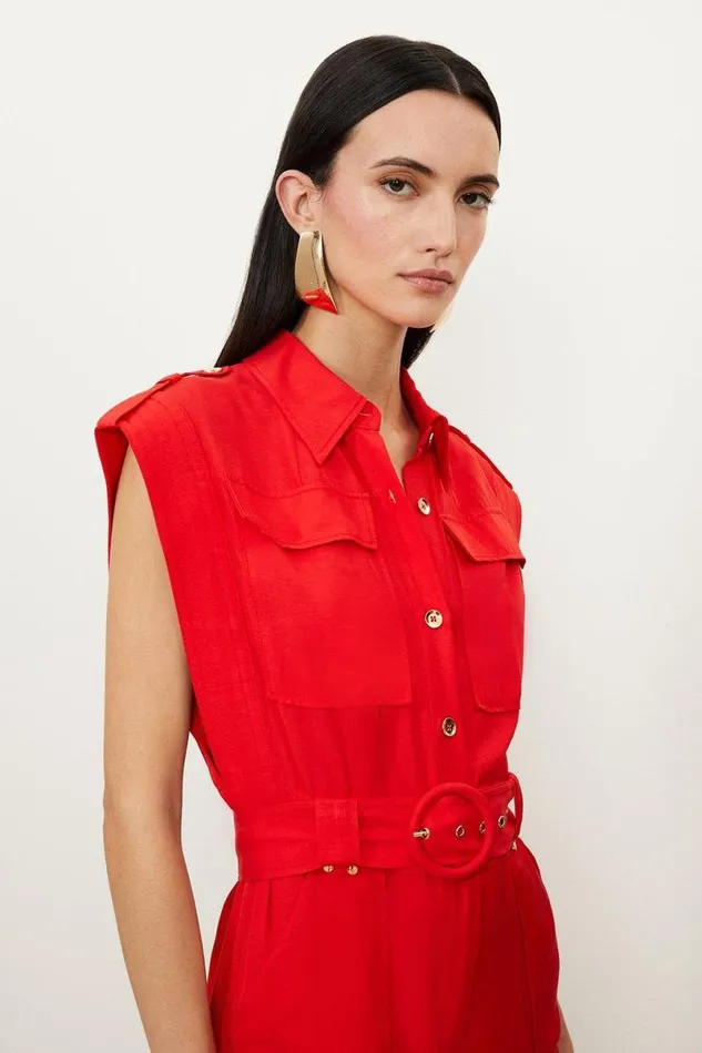 Premium Linen Viscose Topstitch Detail Utility Belted Woven Jumpsuit Red Women Karen Millen Jumpsuits and Playsuits