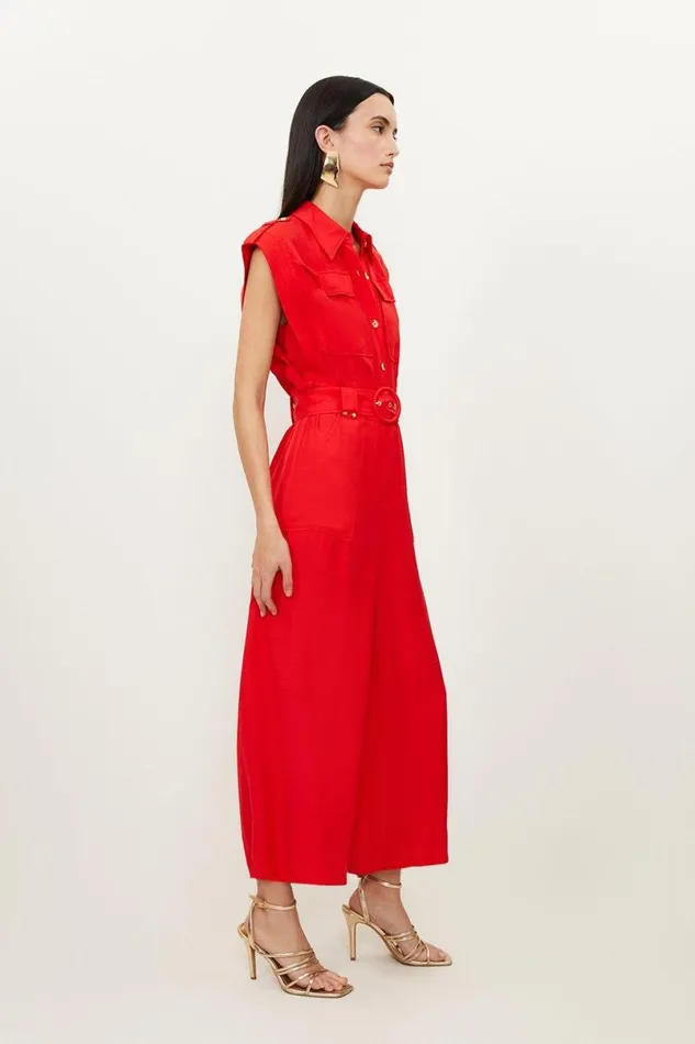 Premium Linen Viscose Topstitch Detail Utility Belted Woven Jumpsuit Red Women Karen Millen Jumpsuits and Playsuits