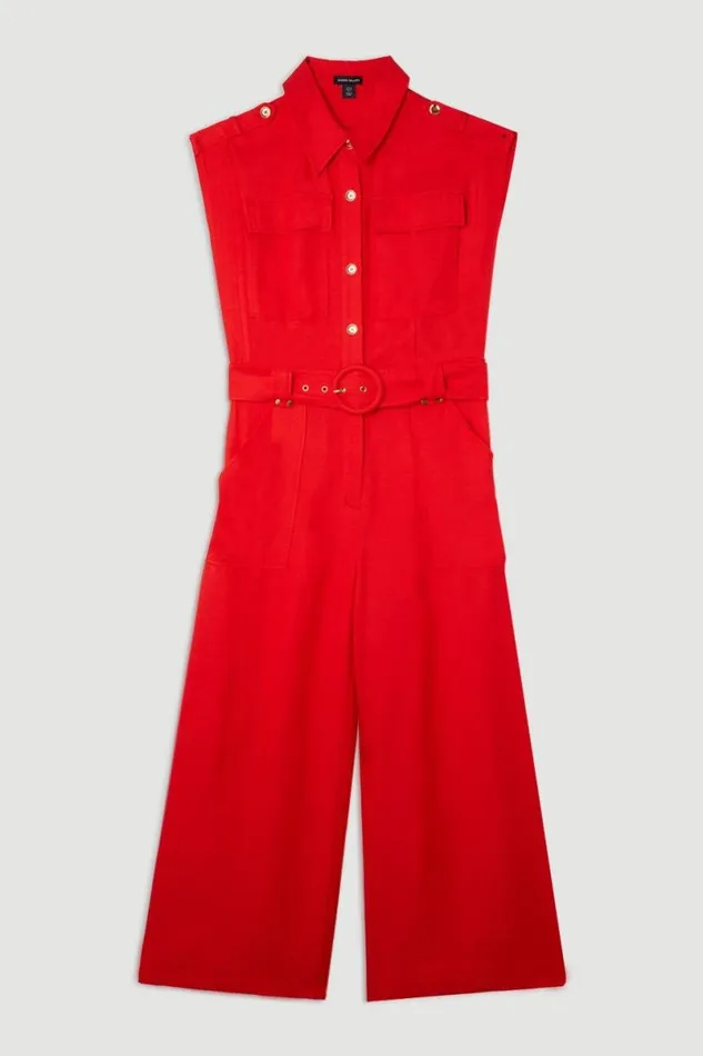 Premium Linen Viscose Topstitch Detail Utility Belted Woven Jumpsuit Red Women Karen Millen Jumpsuits and Playsuits