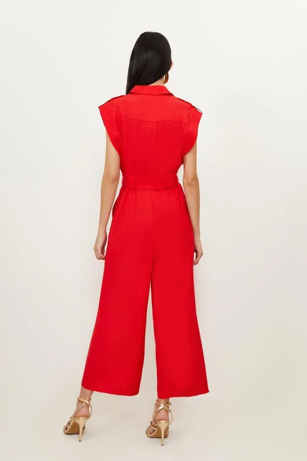 Premium Linen Viscose Topstitch Detail Utility Belted Woven Jumpsuit Red Women Karen Millen Jumpsuits and Playsuits